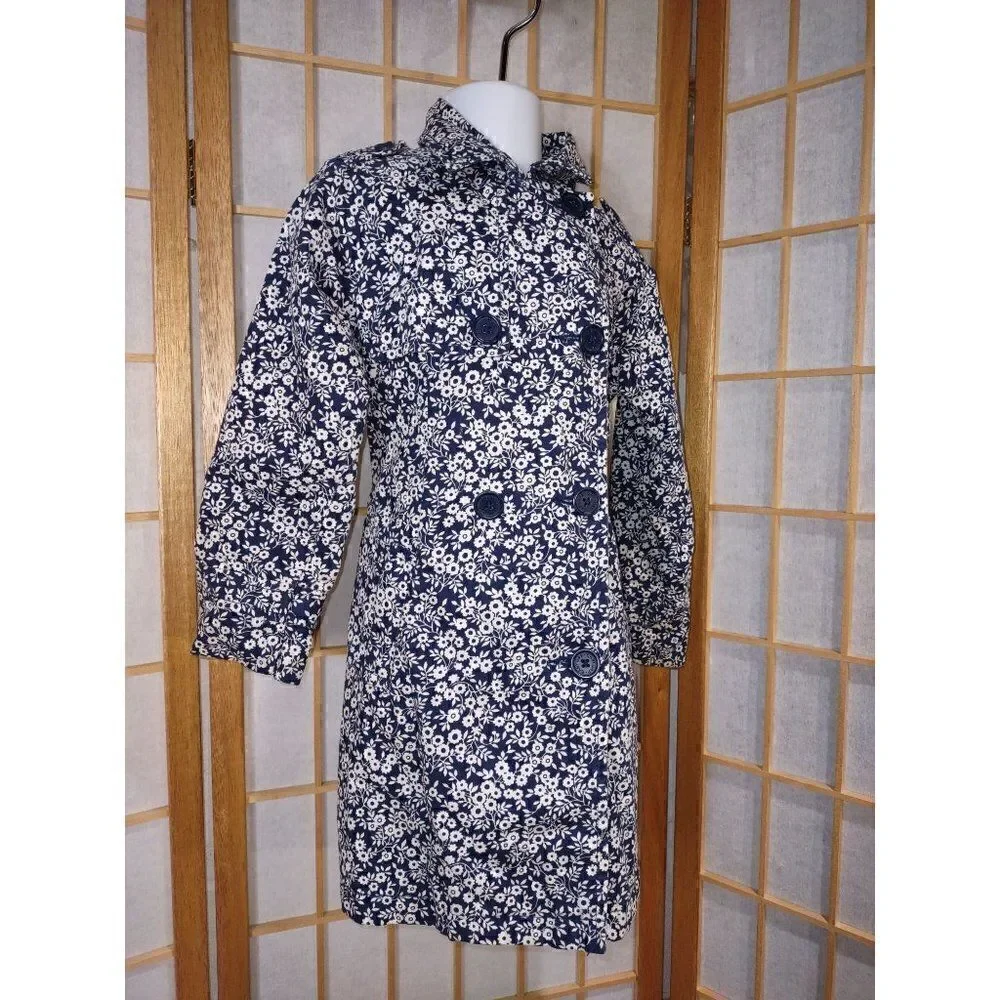 Baby Gap Toddler Size 4 Floral Trench Coat Navy White Double Breasted Jacket